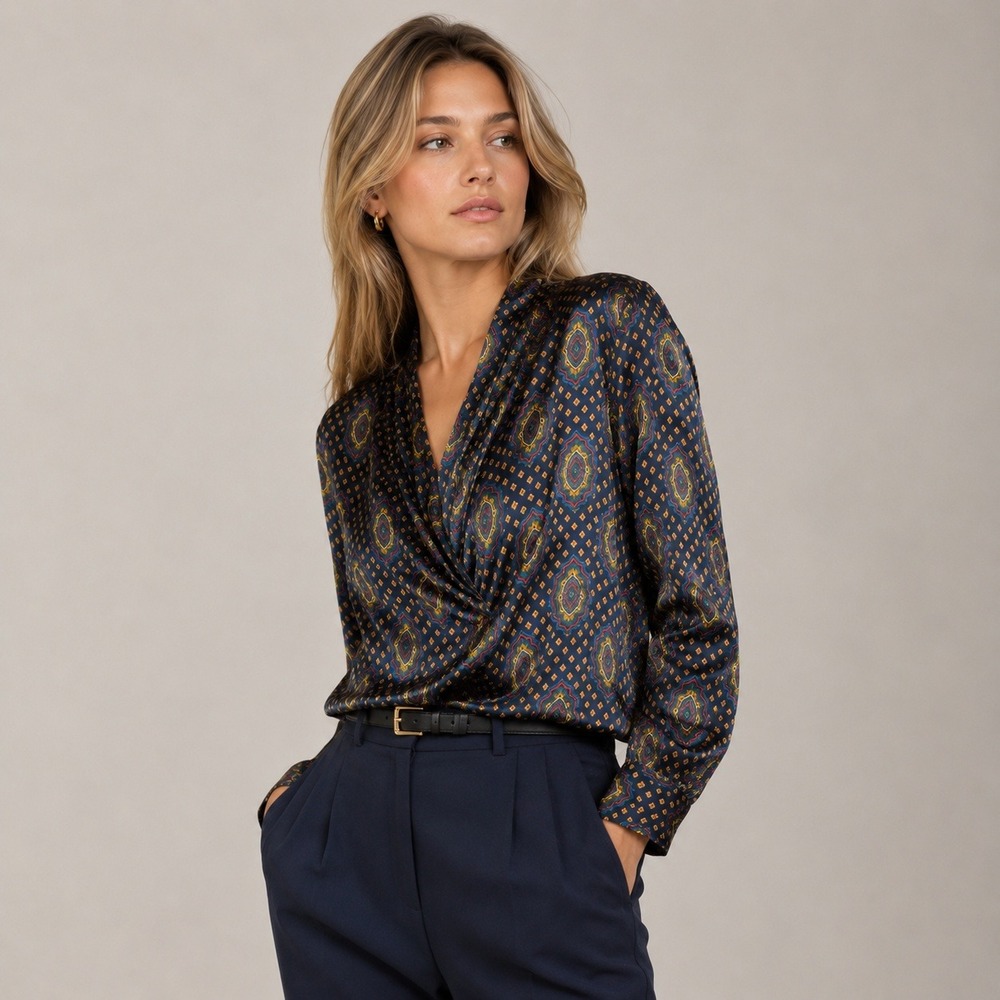 Le Caviar Vintage Geometric Medallion Draped Wrap Blouse Navy Gold Size 8